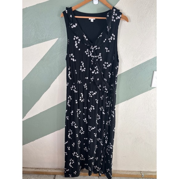 J. Jill Women's Size Large Black Floral Faux Wrap Ruffle Sleeveless Maxi Dress - Picture 11 of 13
